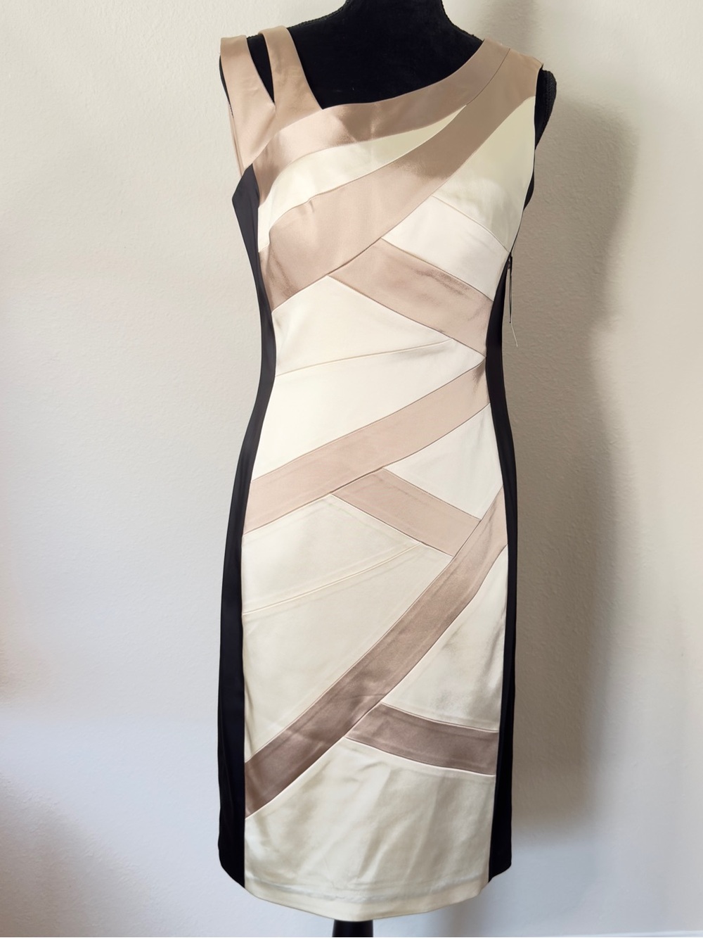 Jax Ivory, Taupe, Ivory & Black Paneled Sheath Midi Dress